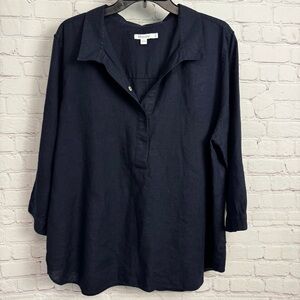 Chico's Navy blue old money linen tunic top size 3 or US ladies 16 trad wife